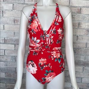 Red floral baiting suit long v neck ties size L